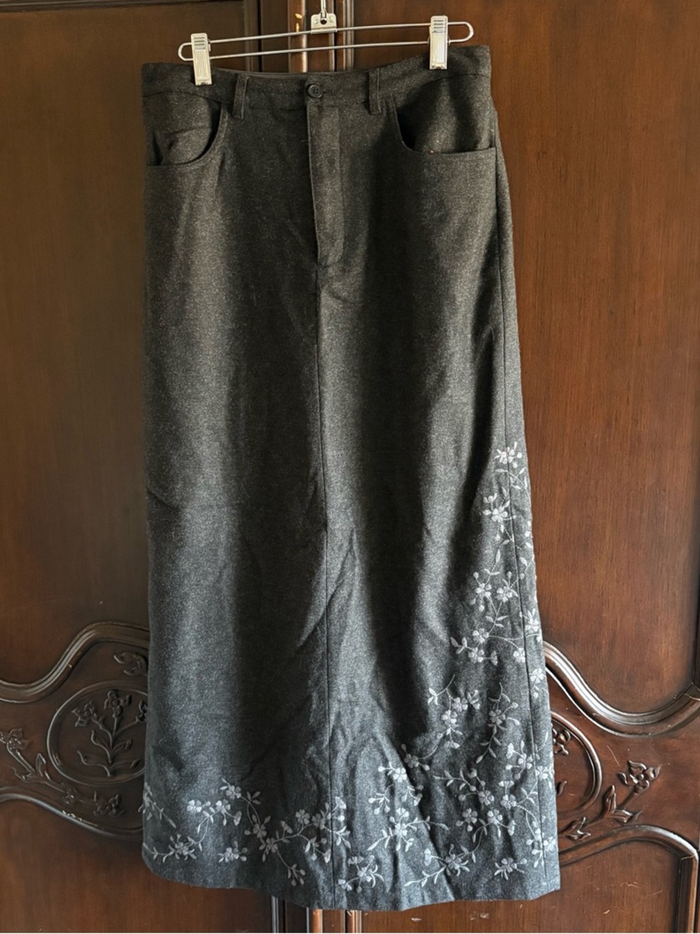 Y2K Eddie Bauer Wool Blend Gray Embroidered A-line Skirt size 8